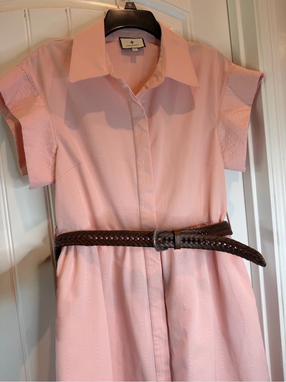 Tuckernuck Light Pink Shirt Midi Dress with Braided Brown Belt